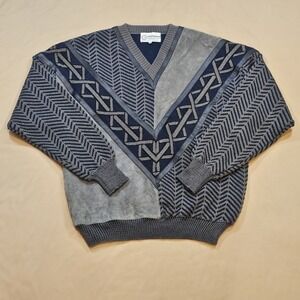 Vintage DeerSkin Gray/Blue Mens XL Knit V-Neck Sweater Wool Blend Leather Patch